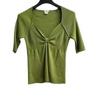 Studio Y Y2K Top Green Ribbed Knit Fitted Knot Babydoll Size M Preppy Coquette